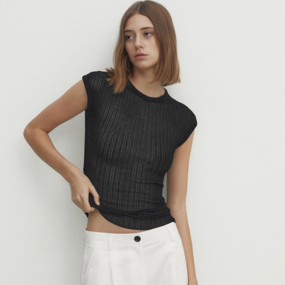 Massimo Dutti Open‎ Knit Ribbed Crew Neck Black Top Size L NWT